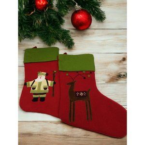 Santa and Reindeer Christmas Stockings Wool Rayon Red Green and White Preowne